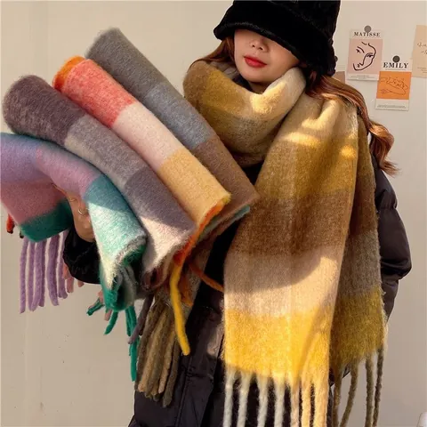 Karierter Mohair-Look Schal Für Damen Winter Dick Warm Plaid Schal Mit Quasten Vielseitiger Weicher Halswärmer Koreanischer Stil Modeaccessoires