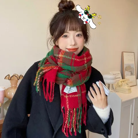 Damen Winter Karo Kaschmir-Imitat Schal Weihnachten Rot Grün Kariert Fransen Lang Warm Stola Schal Für Damen Täglich Weihnachtsfeier