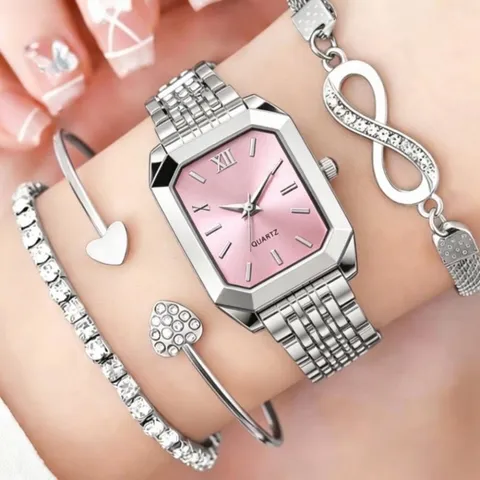 Elegant Women's Quartz Watch Bracelet Set Rhinestone Butterfly Octagon Dial Alloy Watch Bracelet Fashion Jewelry Set For Women