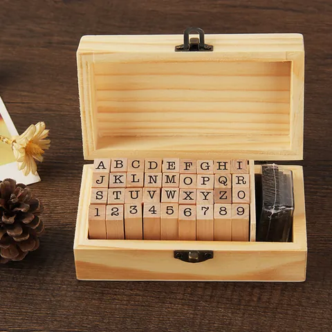 Vintage Wooden Alphabet Number Stamp Set With Ink Pad And Wood Storage Box For Diy Craft Journaling Retro Office Stationery Supplies