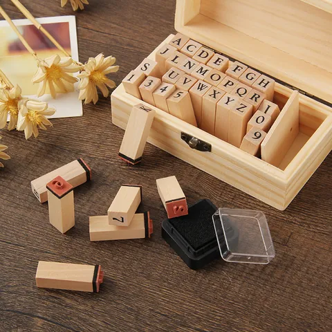 Vintage Wooden Alphabet Number Stamp Set With Ink Pad And Wood Storage Box For Diy Craft Journaling Retro Office Stationery Supplies