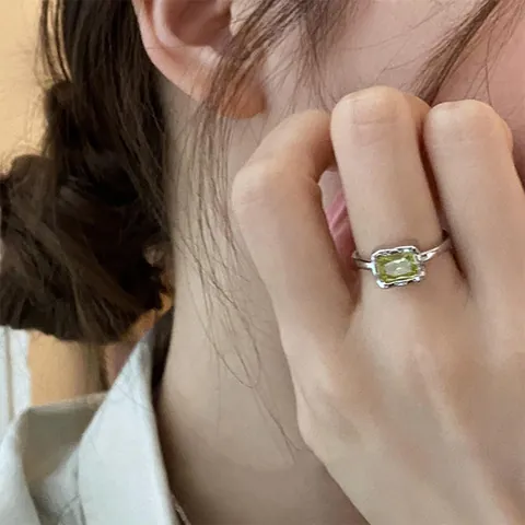 Light Luxury Copper Rhinestone Geometric Rings For Women Wave Texture Heart Square Grape Green Gemstone Fashion Statement Finger Ring Jewelry