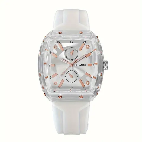 Fashion Unisex Quartz Watch Alloy Transparent Square Case Silicone Strap Waterproof Wristwatch With Matching Rhinestone Bracelet Jewelry Set