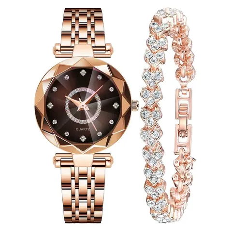 Montre à Quartz pour Femme avec Ensemble de Bracelet en Cœur Alliage Or Rose Cadran Ciel Étoilé Strass Bijoux de Mode