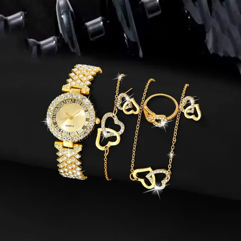 Women Luxury Rhinestone Watch And Jewelry Set Heart Pendant Necklace Bracelet Ring Earrings Five-Piece Set Gold Silver Rose Gold Quartz Watch Fashion Jewelry Gift