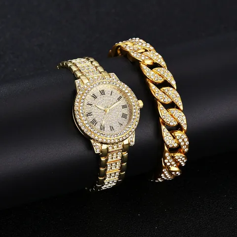Luxus Legierung Strass Damen Uhr Armband Set Iced Out Sternenhimmel Römische Ziffern Quarzuhr Panzerkette Set Für Damen Bankett Schmuck Geschenk