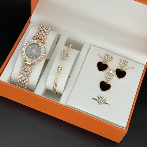 Élégant Ensemble de Bijoux Montre à Quartz pour Femmes Collier Bracelet Boucles d'Oreilles Bague Coeur Strass Cadeau Luxe