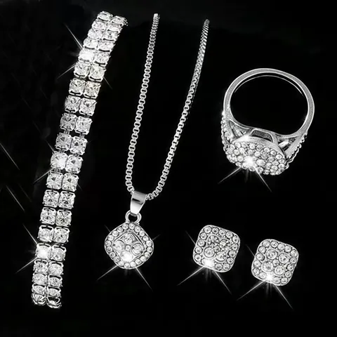 Fashion Luxury Alloy Rhinestone Jewelry Set For Women Square Pendant Necklace Bracelet Earrings Watch Elegant Lady Matching Shiny Jewelry Accent Gift