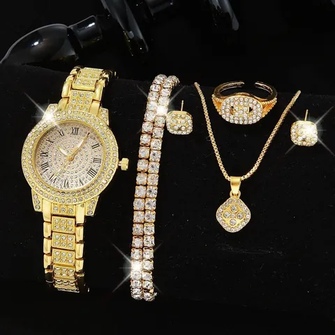 Luxus Damen Vollstrass Quarz Uhrenset Römische Ziffern Zifferblatt Legierung Sternenhimmel Armbanduhr Halskette Armband Ohrringe Ring Set