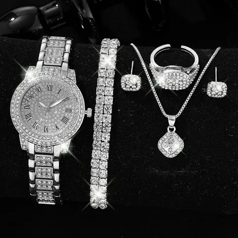 Luxus Damen Vollstrass Quarz Uhrenset Römische Ziffern Zifferblatt Legierung Sternenhimmel Armbanduhr Halskette Armband Ohrringe Ring Set