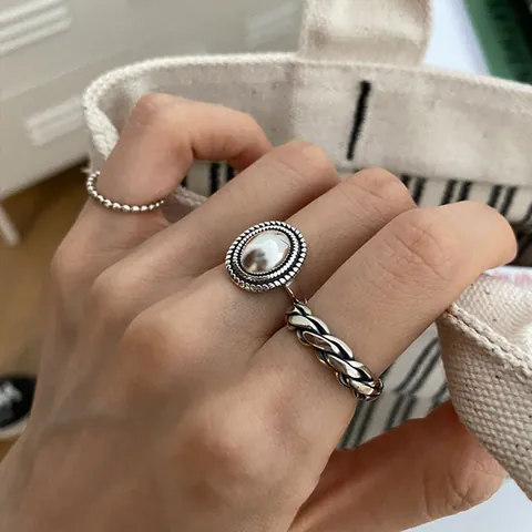 925 Sterling Silver Vintage Open Ring Retro Twisted Oval Smooth Adjustable Finger Ring For Women Korean Fashion Jewelry Gift
