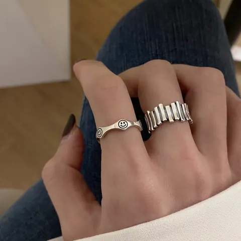 Minimalist Thai Silver Plated Wavy Open Ring For Women Korean Style Smiley Face Fence Adjustable Finger Ring Vintage Fashion Jewelry