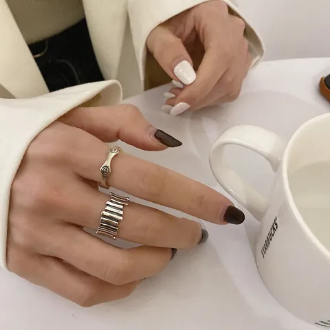 Minimalist Thai Silver Plated Wavy Open Ring For Women Korean Style Smiley Face Fence Adjustable Finger Ring Vintage Fashion Jewelry