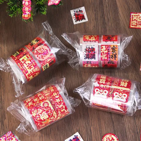Traditional Chinese New Year Gold Foiling Decorative Label Stickers Holographic Red Blessing Character Roll Washi Tape For Spring Festival Gift Wrapping Scrapbook Journal Decoration