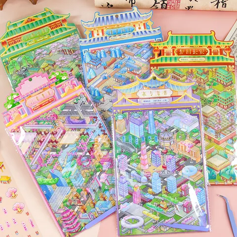 3D Stadt Landschaft Aufkleber DIY Miniaturwelt Szene PET Aufkleber Stressabbau Scrapbooking Dekor Für Kinder Erwachsene Journaling