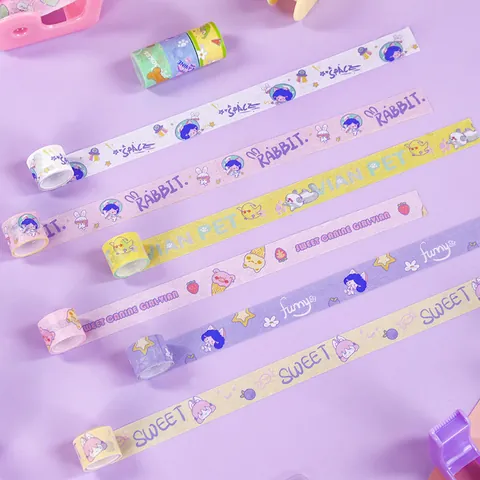 Mini Washi Tape Set Cartoon Canine Girl DIY Journaling Material Tape with Dispenser Cute Decorative Masking Tape Gift for Kids