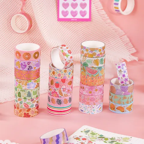 Vintage Gold Foil Washi Tape Multicolor Flower Fruit Pattern Decorative Adhesive Masking Tape For DIY Journaling Scrapbooking Crafting Gift