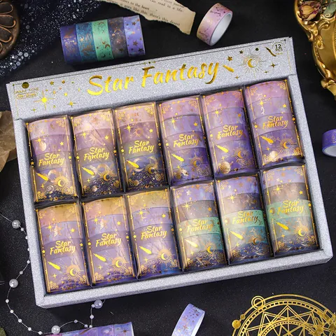 Starry Sky Washi Tape Set Gold Foiled Moon Phase Constellation Planet Scrapbooking Tape Dreamy Purple Creative DIY Journaling Masking Tape Office Supplies