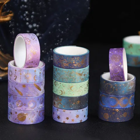 Starry Sky Washi Tape Set Gold Foiled Moon Phase Constellation Planet Scrapbooking Tape Dreamy Purple Creative DIY Journaling Masking Tape Office Supplies