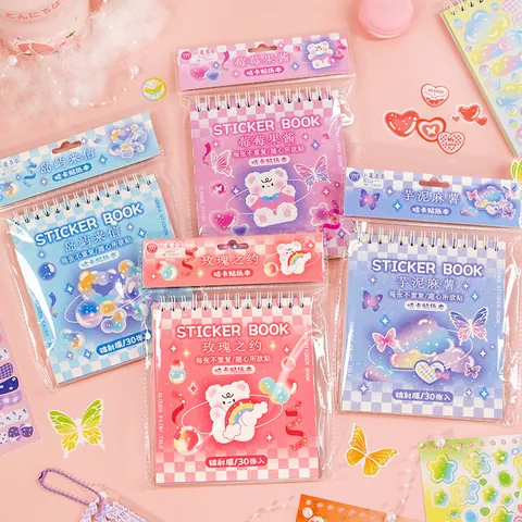 Korean Cartoon Sticker Book DIY Journaling Supplies Sheets Coil Bound Scrapbooking Material Cute Bear Heart Laser Sticker Book For Girls School Office Supplies