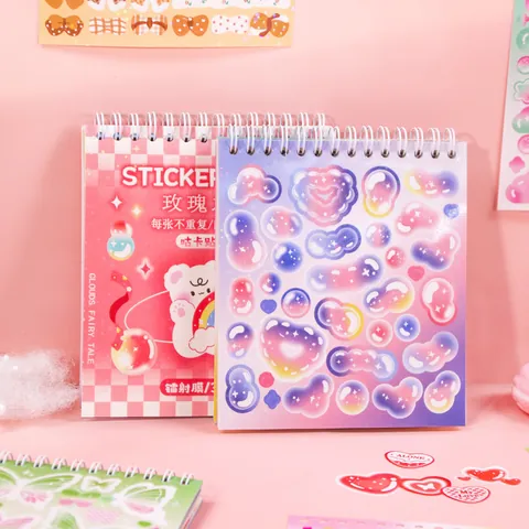 Korean Cartoon Sticker Book DIY Journaling Supplies Sheets Coil Bound Scrapbooking Material Cute Bear Heart Laser Sticker Book For Girls School Office Supplies