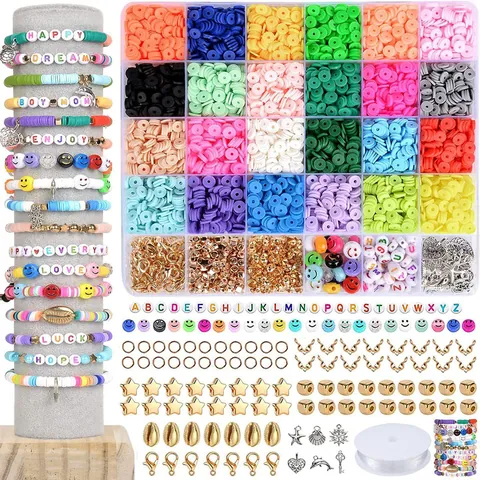 Bohemia Polymer Clay Heishi Beads Jewelry Making Kit For Kids Adults Multicolor DIY Craft Set With Letter Beads Metal Charms Elastic Thread For Bracelet Necklace
