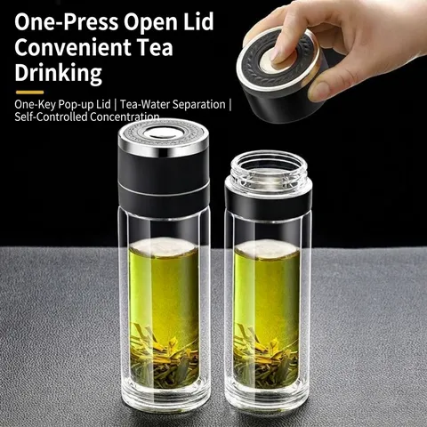 Doppelwandige Borosilikatglas Tee Infuser Wasserflasche Ein Knopf Deckel Auslaufsicher Business Isolierte Trinkgefäße Für Büro Reisen