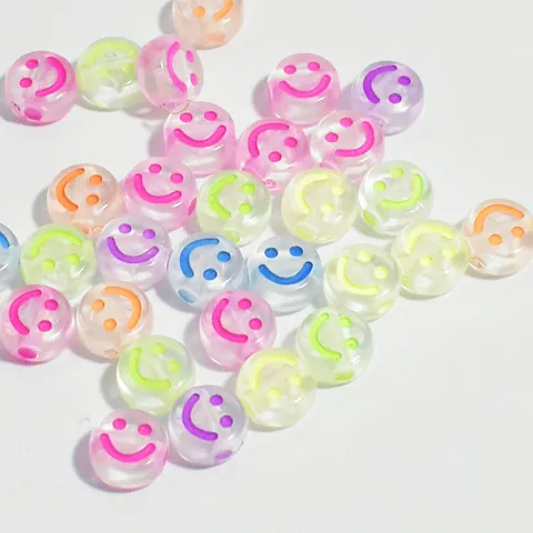 Acrylic Smiley Face Round Flat Loose Beads For DIY Bracelet Necklace Children Educational Handcraft Jewelry Making Beads Pack