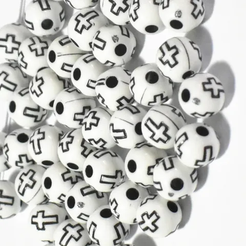 Round Acrylic Beads With Silver Cross Pattern Printed Loose Beads For DIY Jewelry Making Bracelet Necklace Accessories