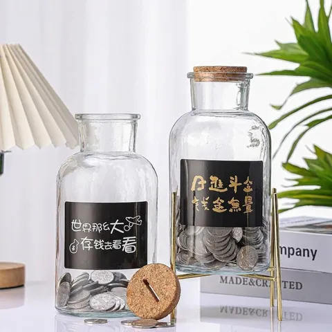 Hucha de Vidrio Engrosado Gran Capacidad Tarro de Dinero Transparente Creativo Con Tapón de Corcho Minimalista Decoración Hogar Botella de Vidrio