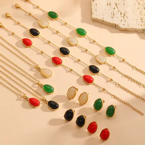 Roestvrijstalen Sieradenset Voor Vrouwen Vintage Ovaal Kattenoogsteen Hanger Ketting Armband Oorknopjes Goud Verguld Niche Accessoires