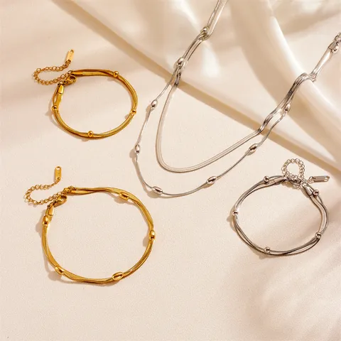 Double Layer Stainless Steel Snake Chain Anklet Bracelet For Women Gold Silver Plated Bead Cube Charm Jewelry Non-Fading