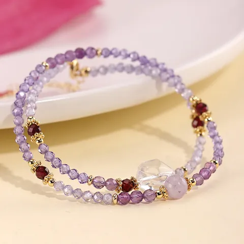 Neo-Chinese Amethist Rutielkwarts Dubbele Lus Armband Luxe Gefacetteerde Kralen Handsnoer Zirconia 925 Zilveren Sieraden