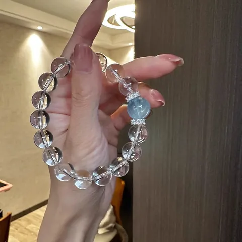 Braccialetto in Perline di Acquamarina e Cristallo di Rocca Bianco Naturale per Donna Gioielli a Catena Manuale con Perline Tonde Eleganti