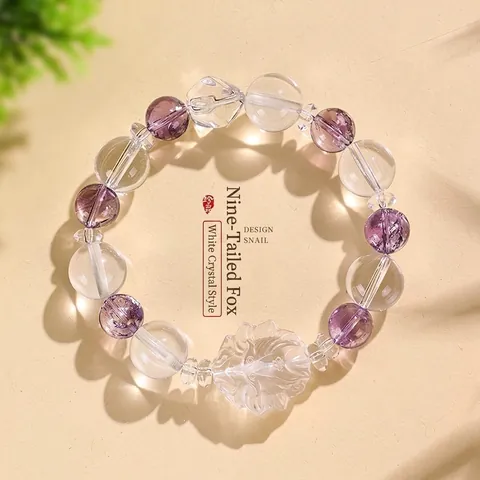 Natural White Crystal Nine-Tailed Fox Beaded Bracelet For Women Amethyst Rose Quartz Aquamarine Prehnite Stretching Stone Handmade Jewelry Gift
