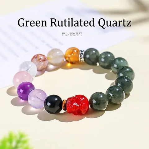 Pulsera de Cuentas de Cristal Natural Multi-Gema Mujer Cuarzo Rutilado Verde Amatista Cornalina Calavera Joyería de Piedra