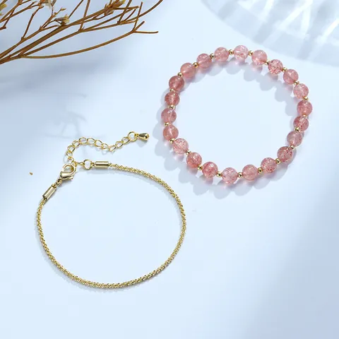 Natural Strawberry Quartz Bracelet For Women 14K Gold Filled Double Layer Crystal Bead Bracelet Minimalist Ins Style Jewelry Gift