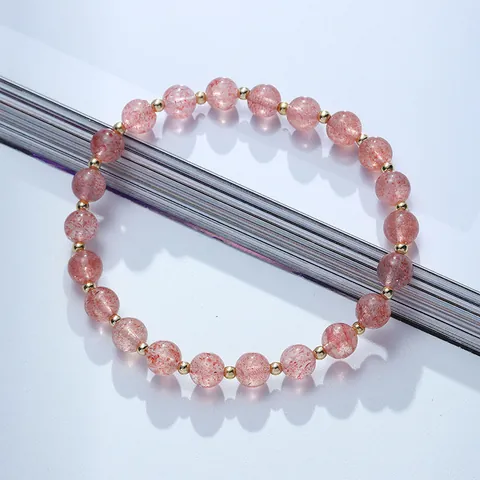 Natural Strawberry Quartz Bracelet For Women 14K Gold Filled Double Layer Crystal Bead Bracelet Minimalist Ins Style Jewelry Gift