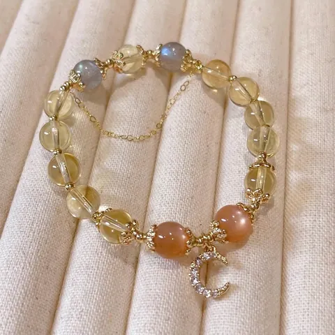 14K Goud Gevuld Citrien Maansteen Zonnesteen Kralen Armband Voor Vrouwen Natuurlijk Kristal Halve Maan Strass Armband Sieraden