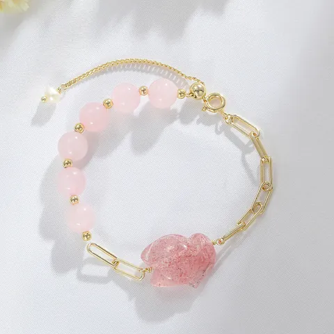 Natürlicher Rosenquarz Erdbeerquarz Fuchs Armband Damen Kleines Design Spliced Vergoldet Rosa Kristall Armband Mit Süßwasserperle Verstellbare Kette Modeschmuck Geschenk