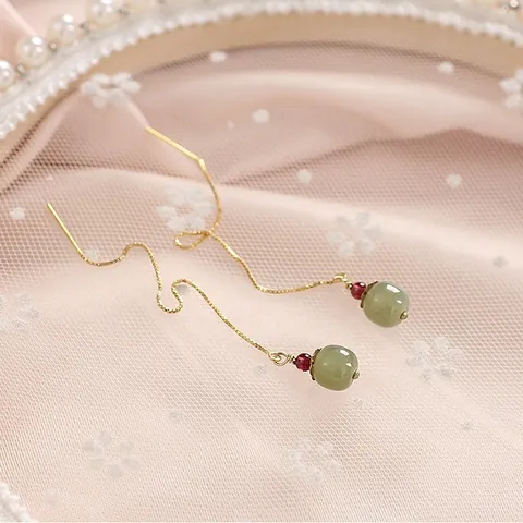 Boucles d'Oreilles Pendantes en Jade Hetian Naturel pour Femmes Plaquées Or 14K Jade Néphrite Grenat Bijoux Style Ethnique Vintage