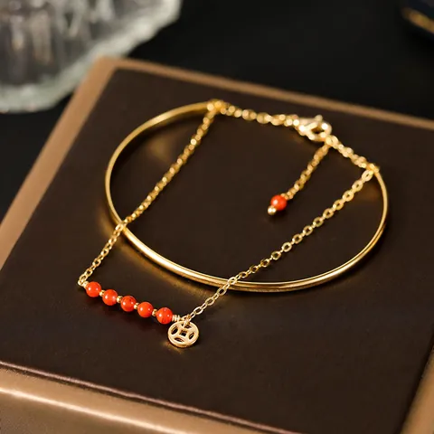 Natural Crystal Bracelet Bangle Set For Women Gold Vacuum Plated Alloy Coin Pendant Lucky Beads Niche Design Jewelry