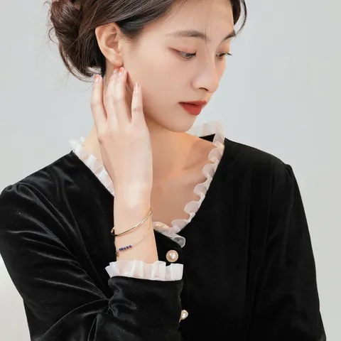 Natural Crystal Bracelet Bangle Set For Women Gold Vacuum Plated Alloy Coin Pendant Lucky Beads Niche Design Jewelry
