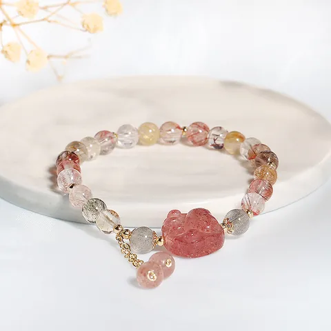 Natuurlijke Rutilkwarts Aardbeienkwarts Armband Voor Vrouwen Koreaanse Stijl Kattenpoot Hanger Kwastje Kristal Kralen Armband Sieraden Reiscadeau