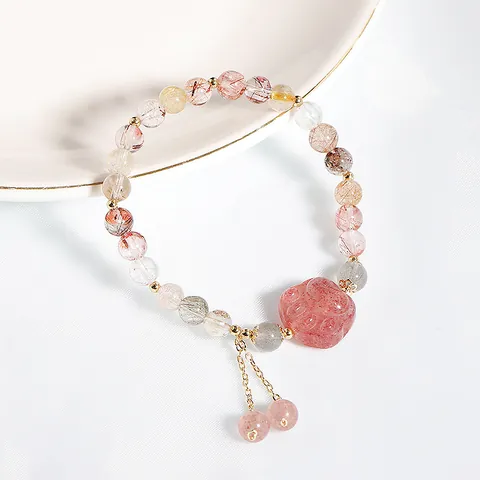 Natuurlijke Rutilkwarts Aardbeienkwarts Armband Voor Vrouwen Koreaanse Stijl Kattenpoot Hanger Kwastje Kristal Kralen Armband Sieraden Reiscadeau