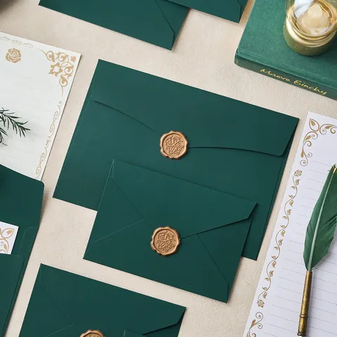 Juego de Papelería de Sobres de Papel Especial Verde Oscuro Vintage Pegatina de Sello de Lacre de Pan de Oro Estilo Chino para Boda Carta