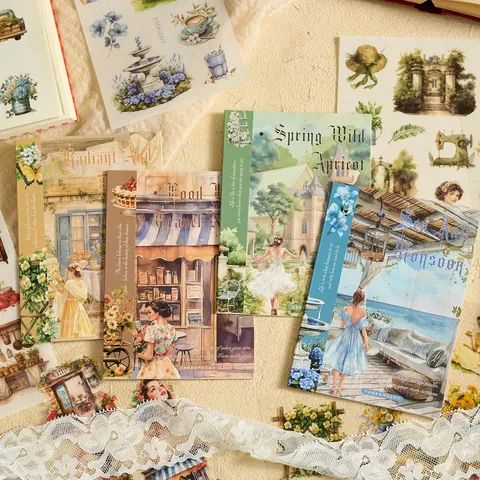 Vintage Trace Play Series Sticker Book For DIY Scrapbooking Floral Human Figures Architecture Decorative Material PET Washi Paper