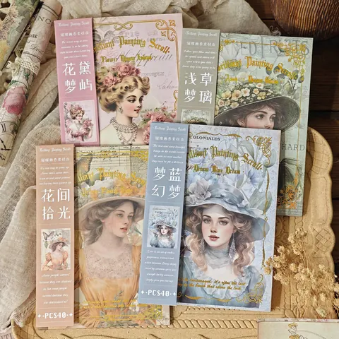 40 Sheets Vintage Scrapbook Paper Brilliant Painting Scroll Series Retro Botanical Floral Portrait Decorative Paper