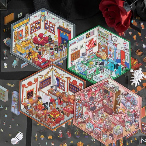 3D Micro Spooky Scene Stickers DIY Miniature House Scrapbooking Sticker Set PET Transparent Waterproof Room Decor Stickers