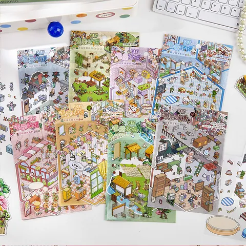 Dibujos Animados Bricolage Escenario Pegatina Conjunto PET Impermeable Troquelado Pegatinas Con Fondo Tarjeta Para Scrapbooking Diario Decoración